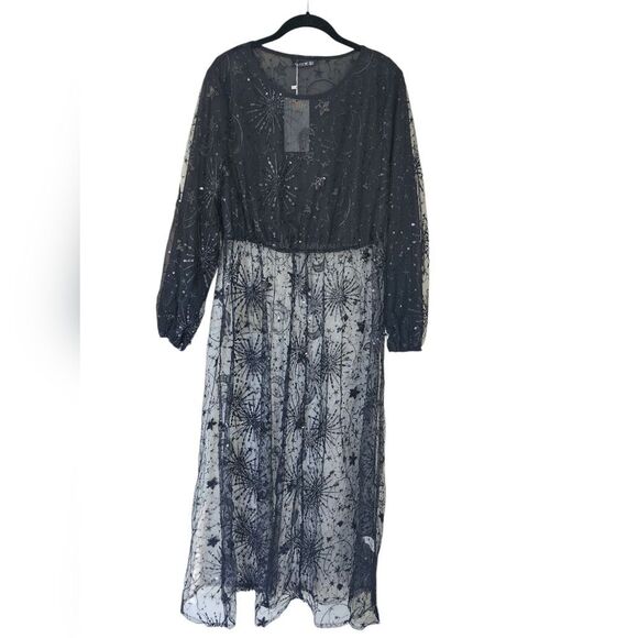BloomChic Dresses & Skirts - BLOOMCHIC Sheer black maxi dress, Moon/Star embroidery, NWT, Size XL, sequins
